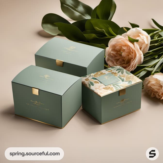 Elegant green and floral gift boxes with roses and leaves.