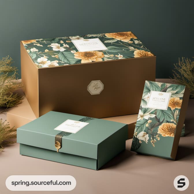 Golden floral patterned boxes with green packaging.