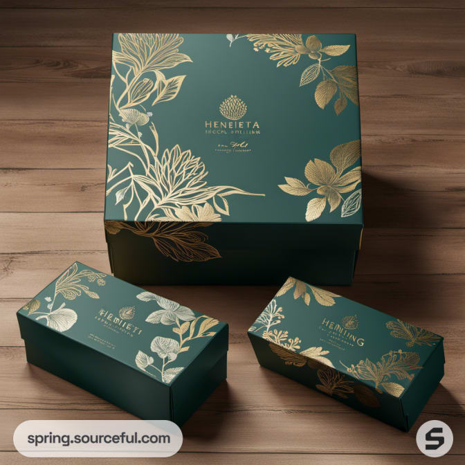 Green boxes with gold floral patterns on wooden surface.