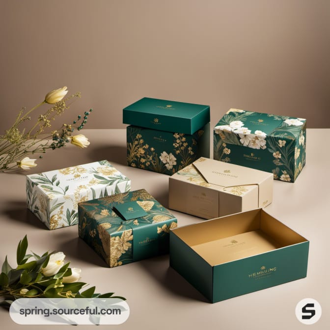Various floral and solid boxes with green and cream tones.