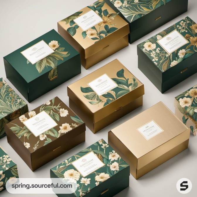 Green and gold boxes with floral prints and patterns.