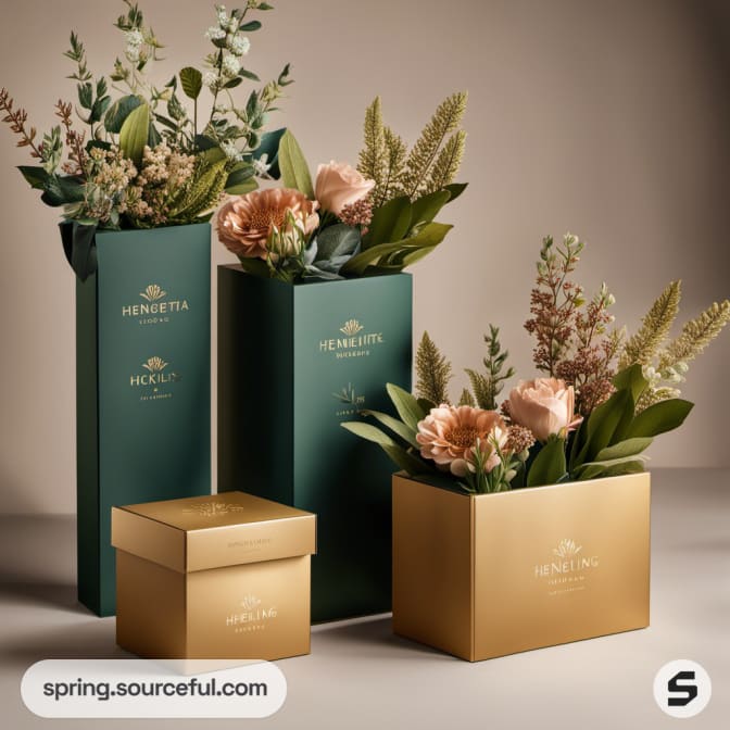 Tall green and gold boxes, some with flowers inside.