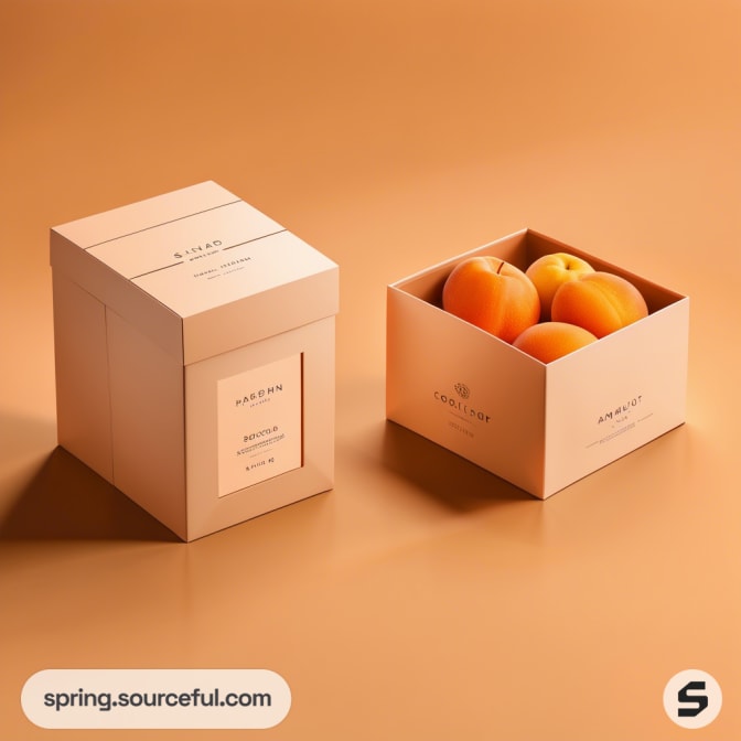 Square peach-colored box with apricots next to it on an orange background.