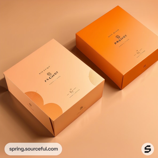 Two rectangular peach and orange boxes on an orange surface.