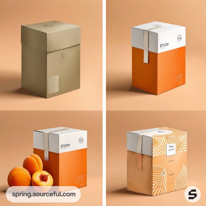 Four peach and orange boxes with apricots on a split color background.