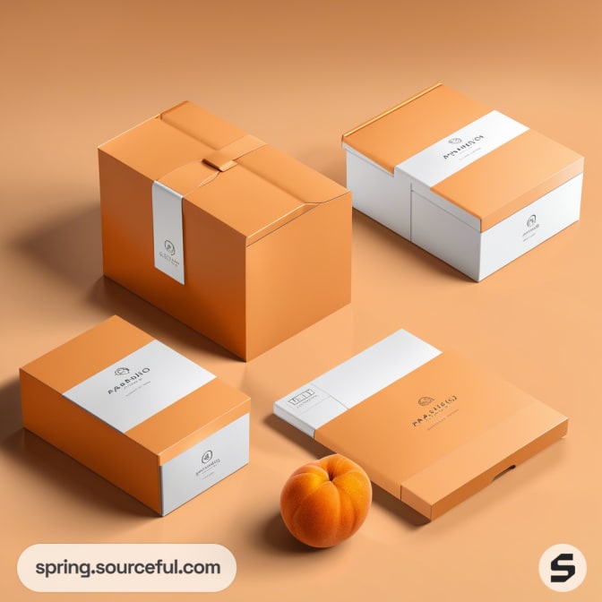 Orange and white packaging boxes with a peach on a light surface.