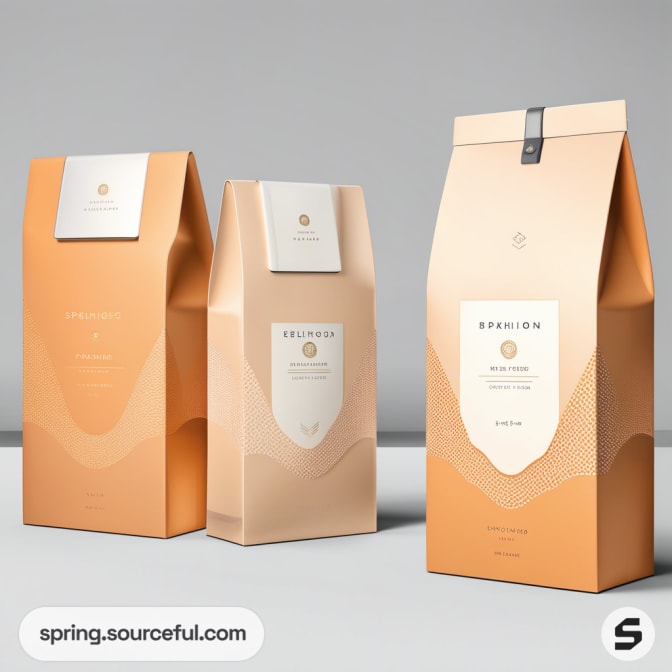 Tall peach and beige resealable pouches on a light background.