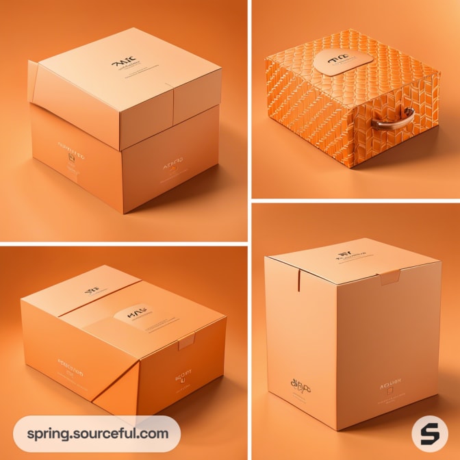 Four peach-colored boxes with textured patterns on an orange background.