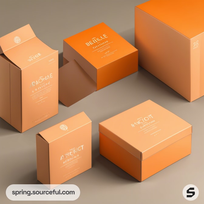 Five orange and beige boxes of various sizes on a gray surface.