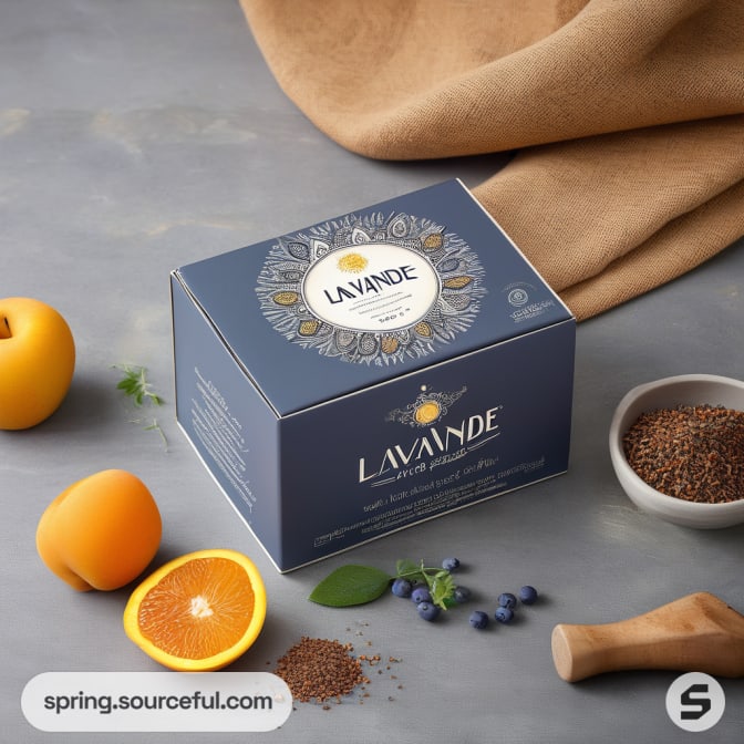 Blue box with LAVANDE branding and fruits on a gray background.