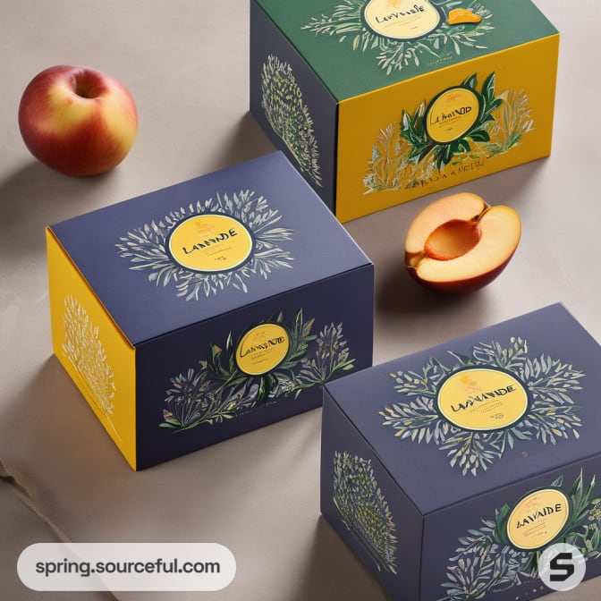 Three colorful boxes with LAVANDE branding next to fruit.