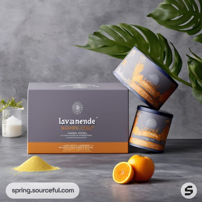 Gray box and tins with Lavanende branding and oranges.