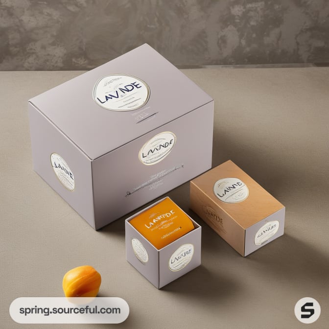 Gray and orange boxes with LAVANDE branding and apricot.