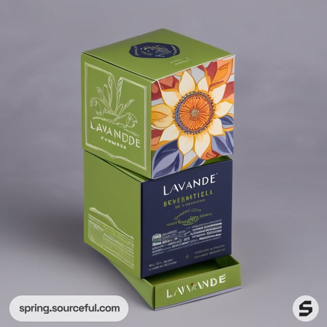 Green and blue stacking boxes with colorful floral design.