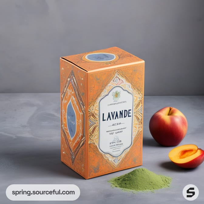 Orange box with LAVANDE branding next to peach and powder.