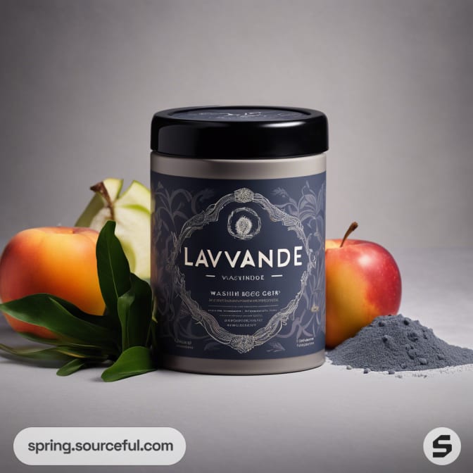 Dark jar with LAVANDE branding surrounded by fruits.