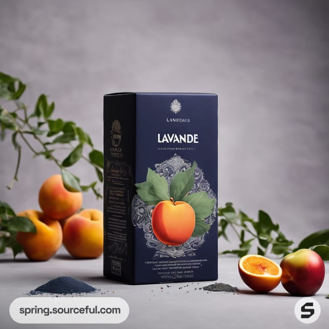 Tall dark box with LAVANDE branding and peaches.