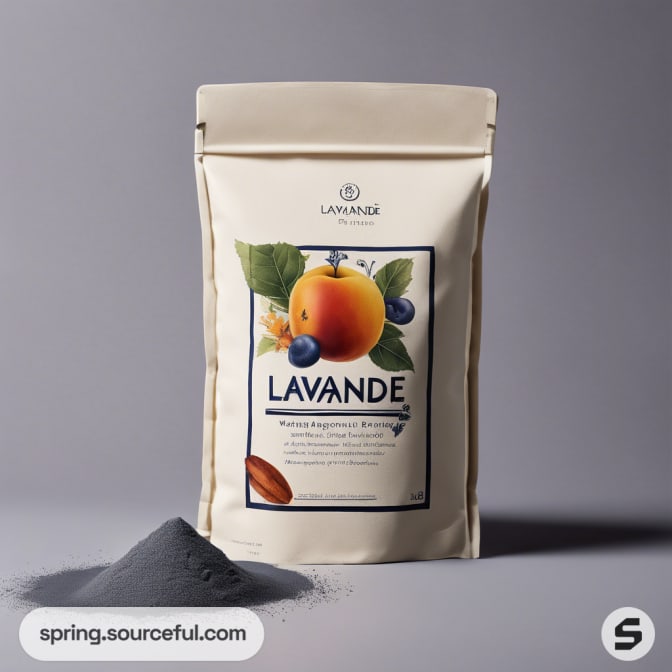 White pouch with LAVANDE branding next to blue powder.