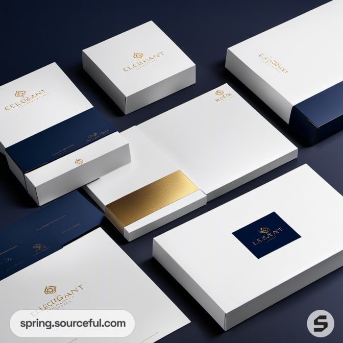 Luxurious white and navy boxes with gold accents on a dark background, featuring elegant branding.