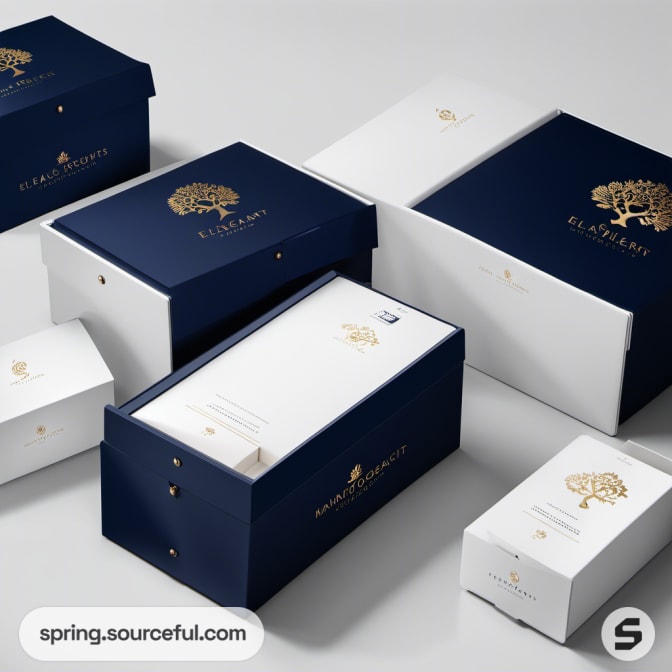Sophisticated navy and white rectangular boxes with gold details, displayed on a neutral surface.