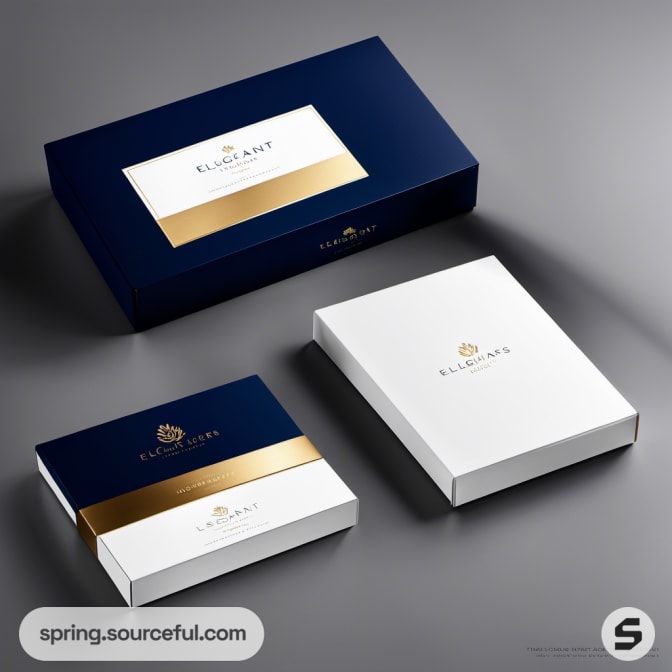 Navy and white packaging with gold foil accents, showcasing elegant and minimalistic design.
