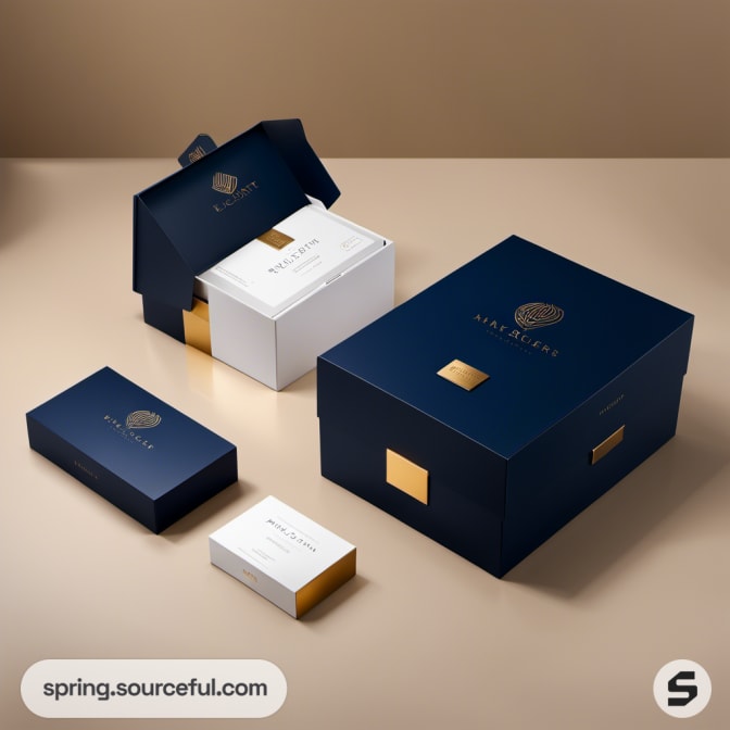 Navy and gold gift boxes with elegant branding on a beige surface, featuring a luxurious look.