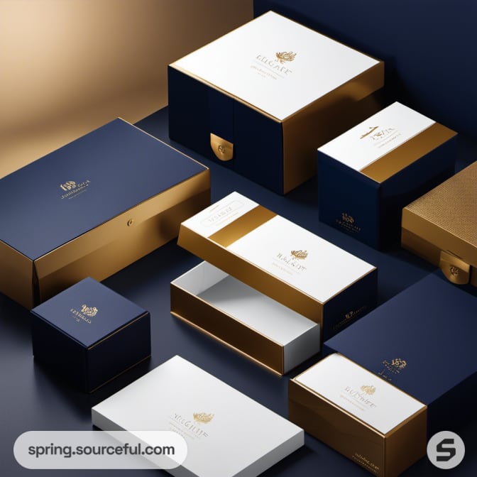 Assorted navy, gold, and white packaging boxes with elegant branding on a dark surface.