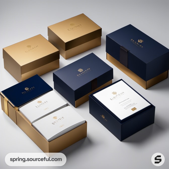 Navy and gold luxury boxes with white interiors, elegantly arranged on a light background.