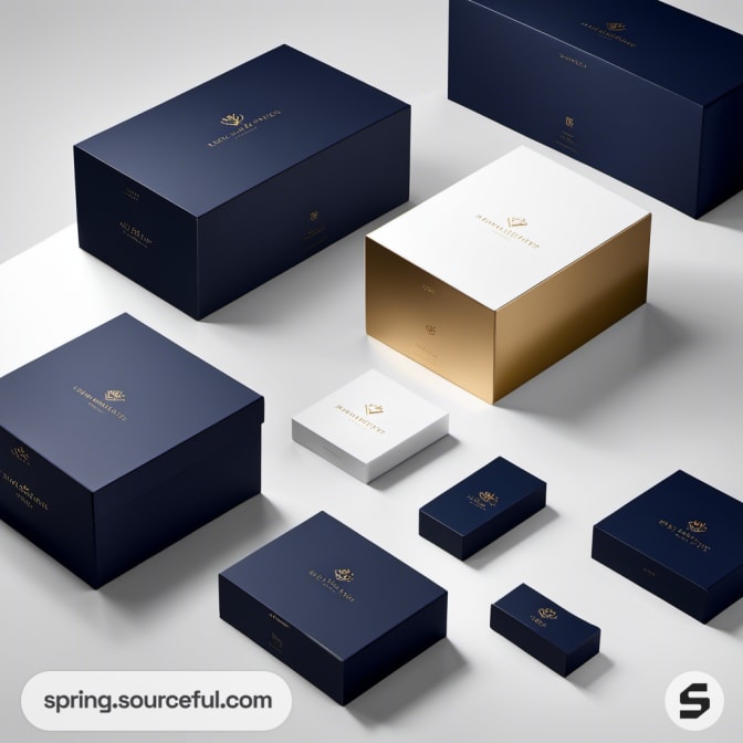 Navy, white, and gold luxury packaging boxes with minimalistic elegant branding on a light surface.