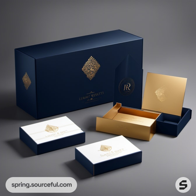 Luxurious navy and gold packaging with intricate gold branding, presented on a grey surface.