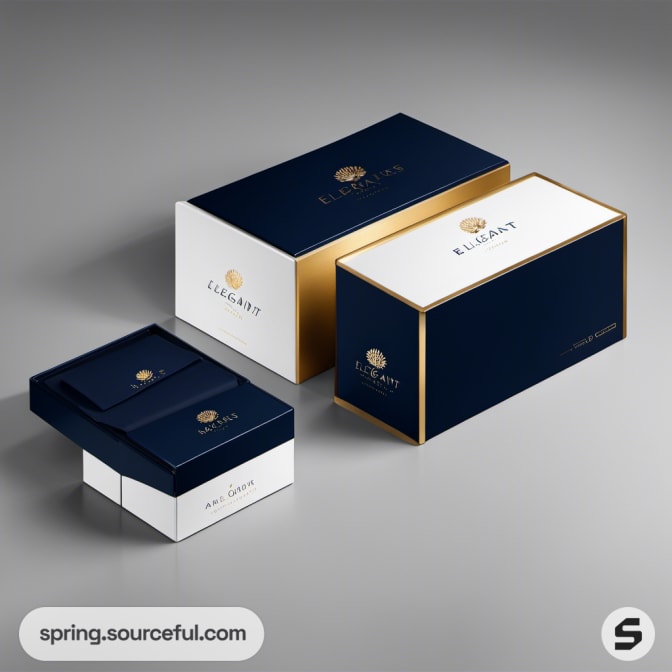 Navy and white boxes with gold accents, featuring sophisticated branding on a grey background.