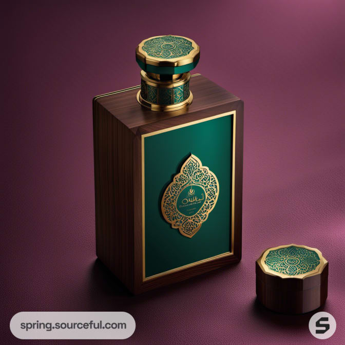 Luxury perfume bottle with green and gold ornate design on a purple background.