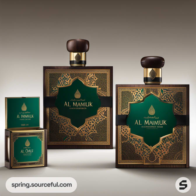 Two elegant perfume bottles with green and gold design, accompanied by smaller boxes.