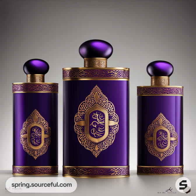 Three purple and gold ornate cylindrical perfume bottles against a light background.