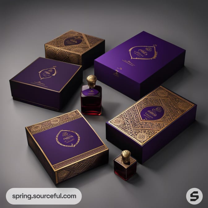 Five luxurious purple and gold perfume boxes with small square bottles on a gray surface.