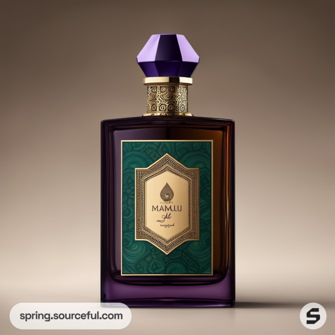 Perfume bottle with a purple cap and green and gold ornate label on a brown background.