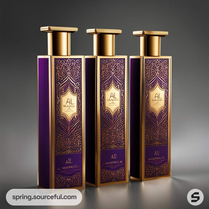 Three tall purple and gold rectangular perfume bottles with intricate designs.