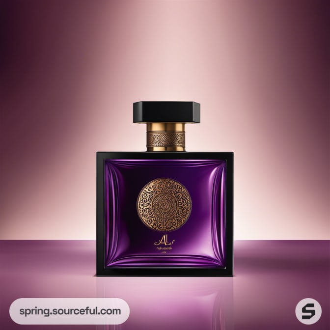 Square purple perfume bottle with gold detailing on a purple gradient background.