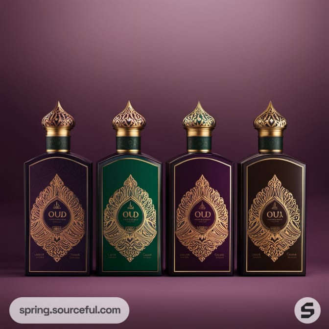 Four ornate perfume bottles with gold caps, in purple, green, and black colors.