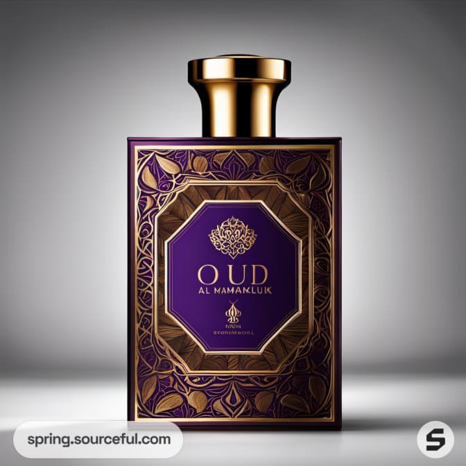 Purple perfume bottle with gold detailing and ornate design on a gray background.