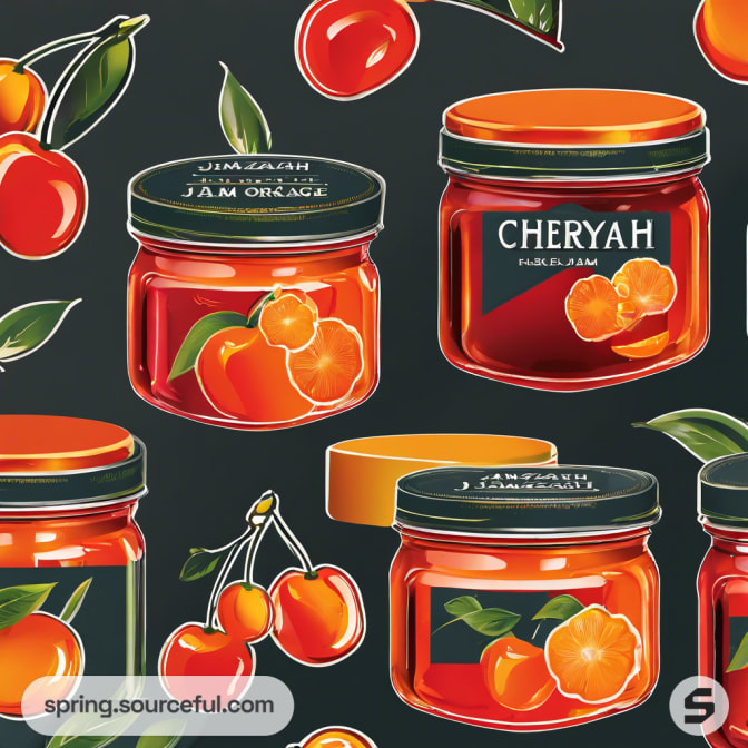Illustrated orange and cherry jam jars with fruit motifs.