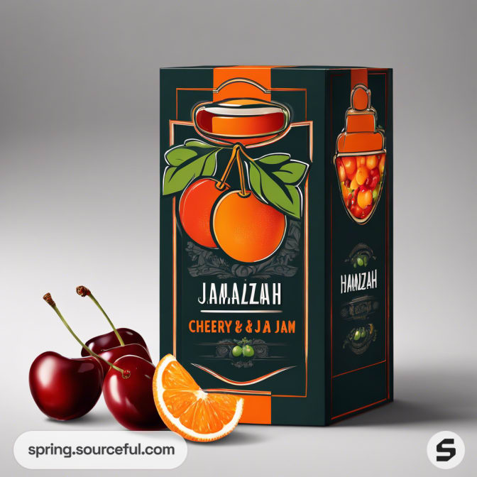 Box of cherry and orange jam with fruit images.