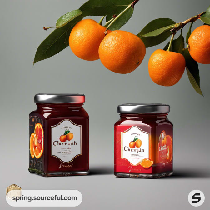 Two square jars of cherry orange jam with fruit and leaves.