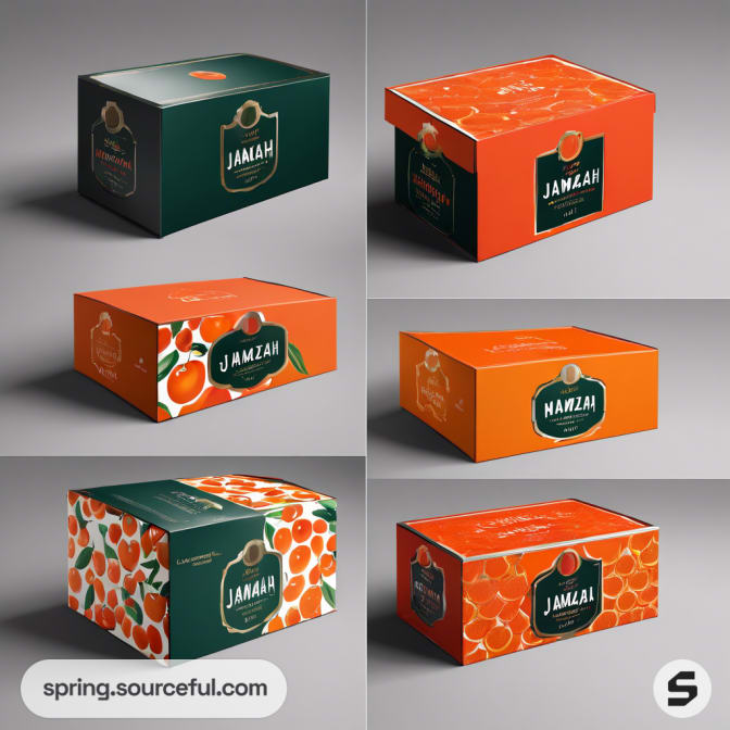 Various orange and green jam packaging boxes with fruit designs.