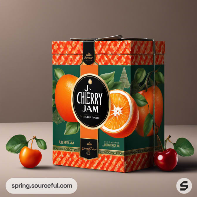 Box with cherry jam, orange fruit and checkered pattern.