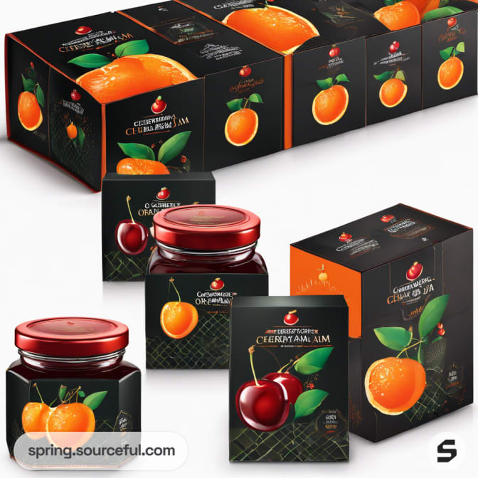 Oranges and cherries on black jam boxes in a side view.
