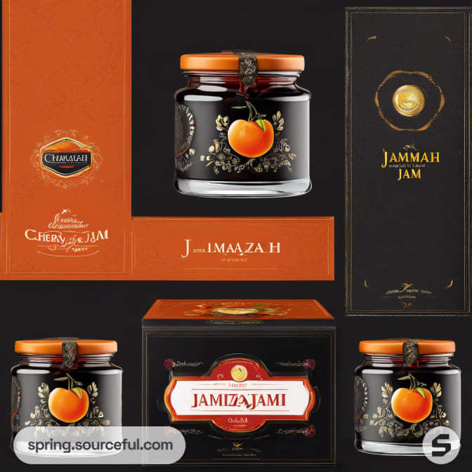 Black and orange jam packaging with fruit and ornate details.