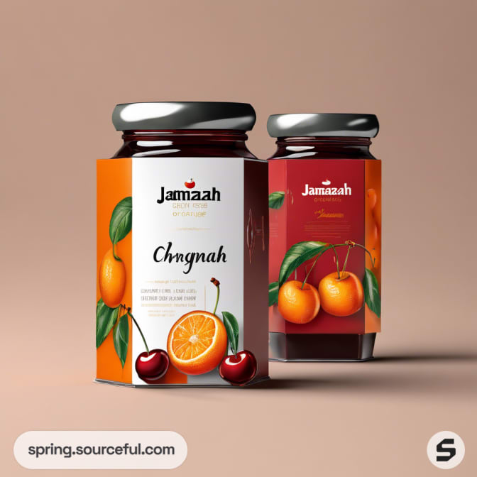 Two jars with orange and cherry jam, fruit illustrations.