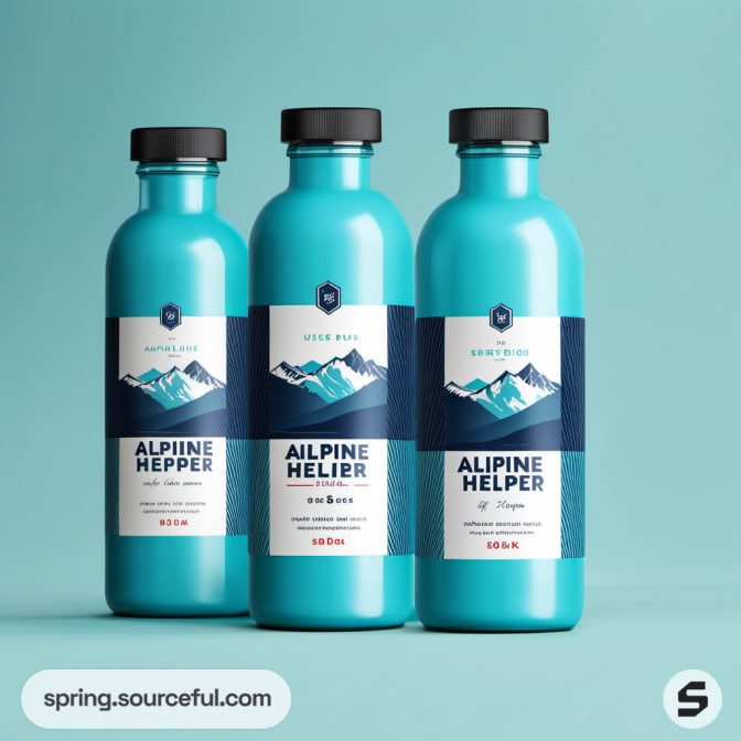 Teal bottles with mountain graphic and black caps on teal background.