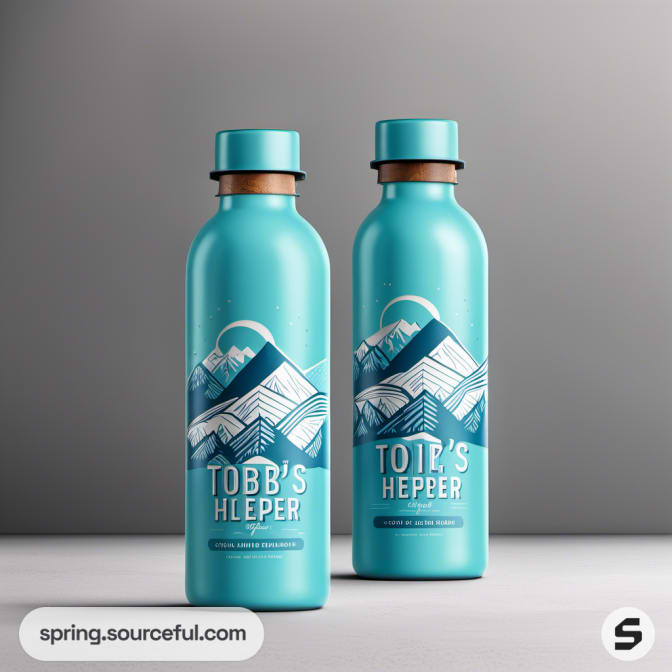 Two teal bottles with mountain design on gray background.
